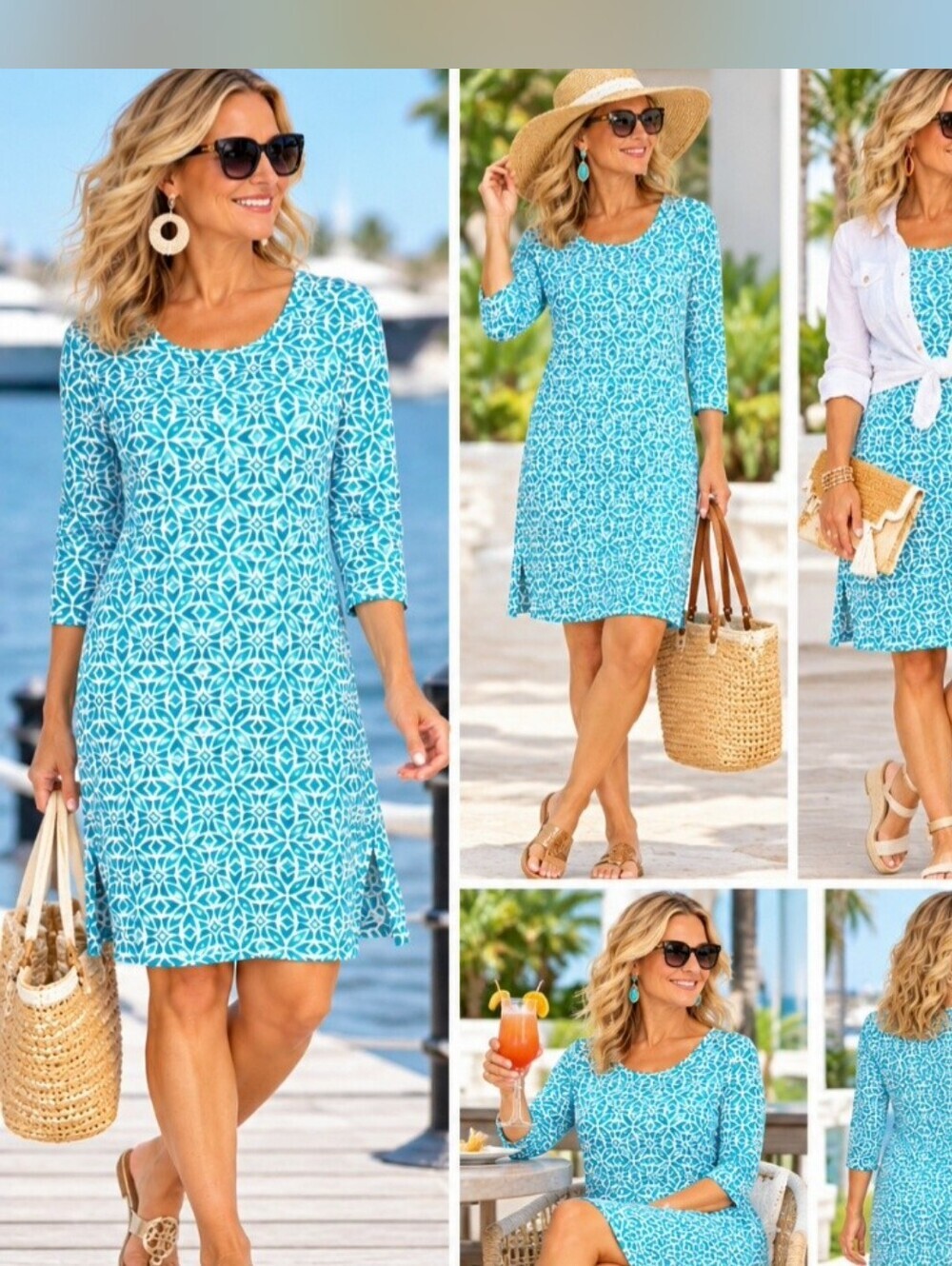 Lulu-B Colorful Clothing Dress M Turquoise White Geometric 3/4 Sleeve SPF 50 - Picture 2 of 14